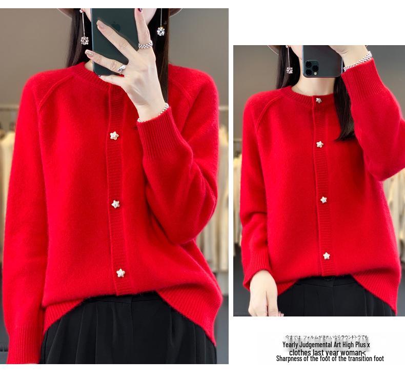 Women's 100% Cashmere Solid Color Cardigan - Round Neck, Long Sleeve (Autumn/Winter 2024)