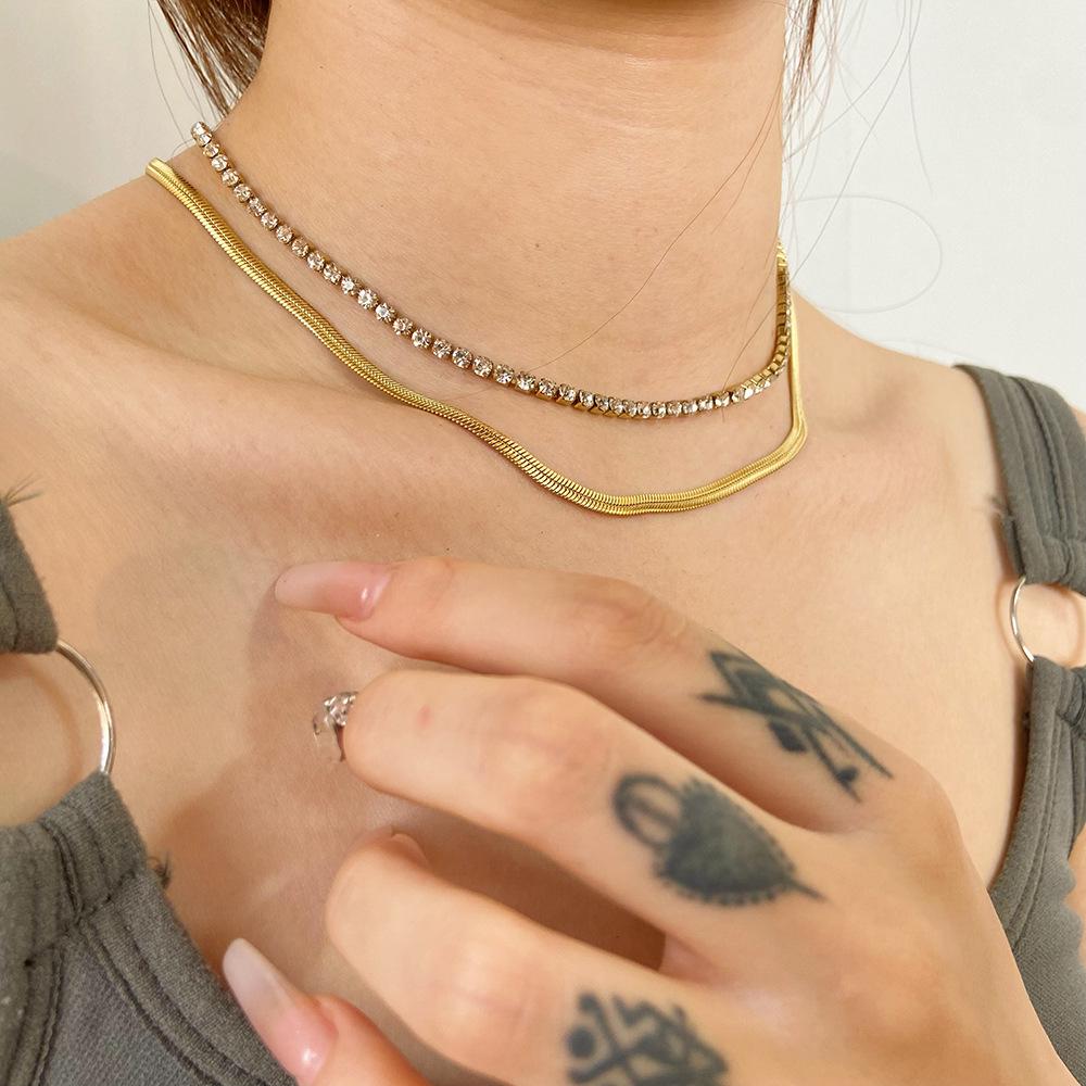 18K Gold European-American Luxury Tennis & Snake Chain Double-Layer Necklace - Stainless Steel, Waterproof, Versatile Clavicle Accessory