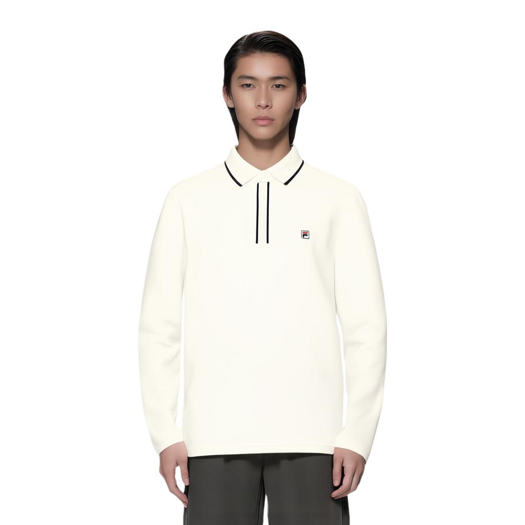 FILA Heritage Elite Classic Simple Fashion Casual Comfortable Versatile Knitted Long Sleeve Polo Shirt Men tops Cloud-Mushroom-White F11M618206FWT