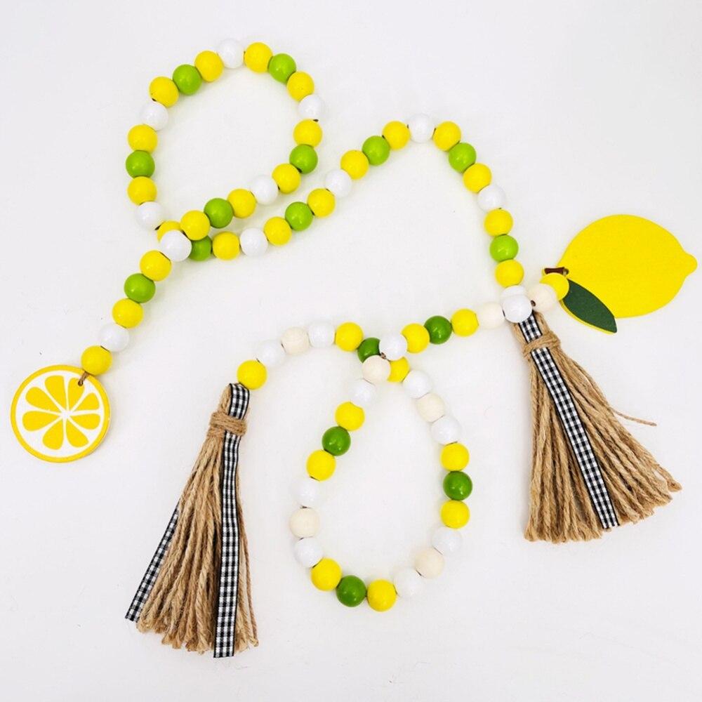 Boho Tassel Wood Bead Garland With Lemon Pendant Farmhouse Rustic Country Wall Decoration Woven Tassel Wall Hanging Ornaments