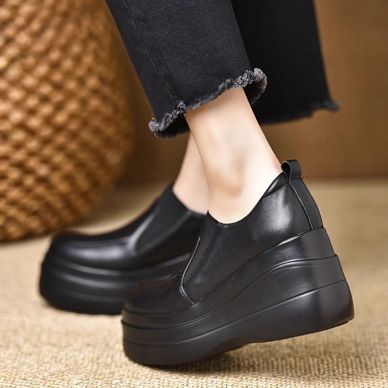 European station soft leather heightening waterproof platform thick-soled muffin shoes super high heel wedge heel heightening single shoes women