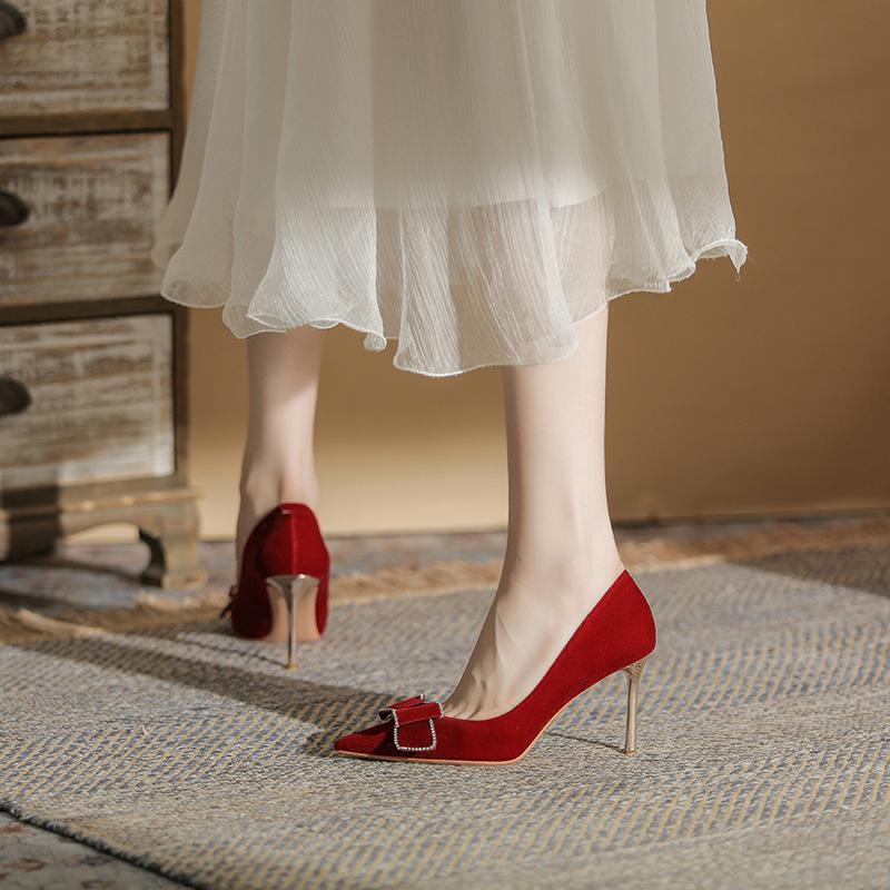 817-8 High Heels Women's Thin Heels 2025 New Pointed Head Shallow Mouth Single Shoes Show Clothes Red Bridal Wedding Shoes