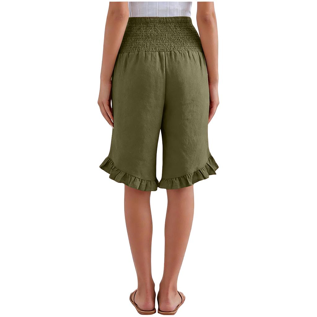 Damen Farbige Hohe Taille Plissierte Baumwolle Leinen Lockere Freizeitshorts