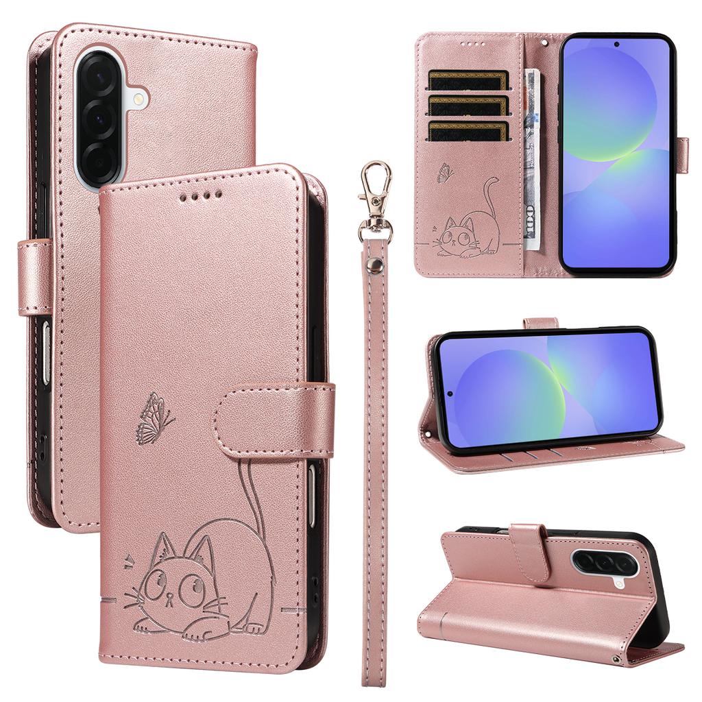 For Samsung Galaxy A37 5G Case Cat Pattern Imprint Leather Phone Cover with Wrist Strap
