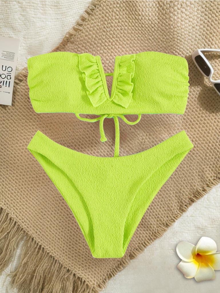 

Европейский и американский купальник бикини стринги без бретелек на шнуровке для женщин Small желто-зеленый