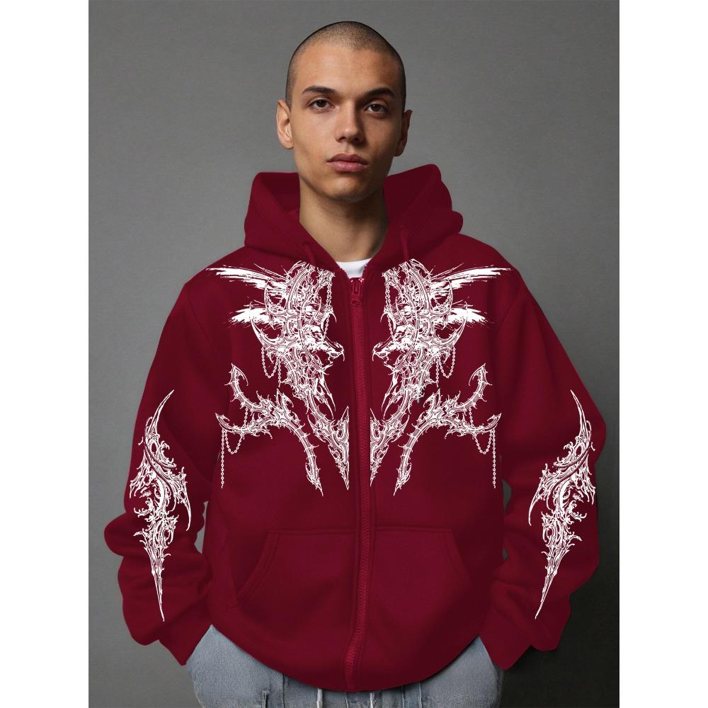 Men's Dark Campus Fashion Style Printed Zip-Up Hoodie, New for Spring and Autumn