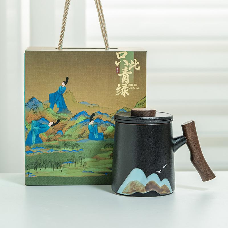 Ceramic Tea Water Separation Tea Cup Office Cup Mug High Value Cup Wooden Handle Water Cup Tea Cup Gift