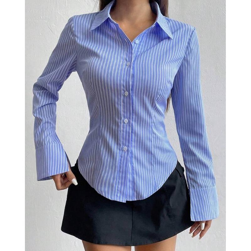 Simple Waist Design Striped Long Sleeve Casual Shirt