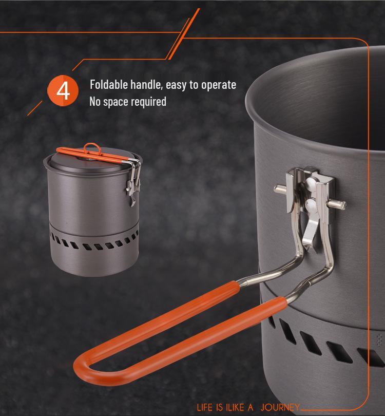 Set de vase portabile pentru camping: Oală care colectează căldura, Ceainic și Arzător cu cartuș