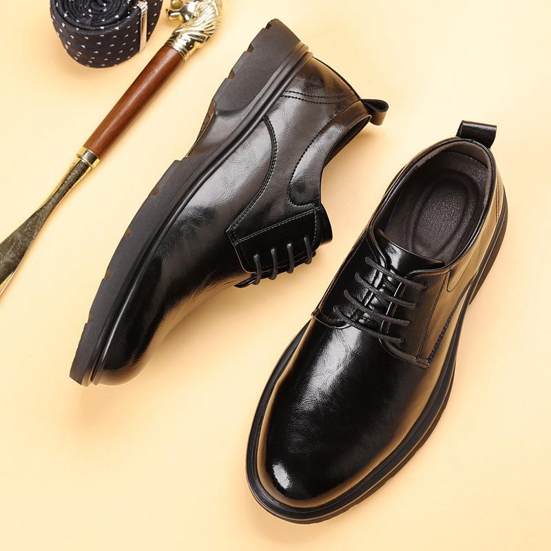 Low-top black leather shoes men's autumn retro round head dress business men's shoes young men's leather shoes