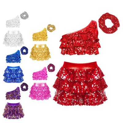 Kids Girls Latin Jazz Dance Outfit Shiny Sequins Dancewear Sets Crop Top with Skirted Shorts and Hair Tie
