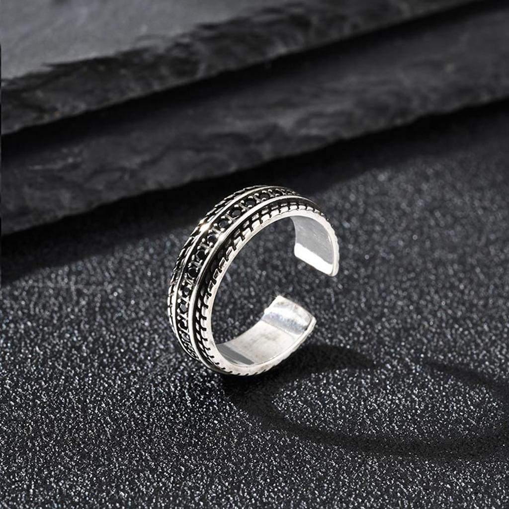 Fashion Tire Texture Black Cubic Zircon Open Ring for Men, Silver Color Metal Chunky Ring, Vintage Punk Finger Jewelry Gifts