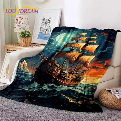 Oud Piratenschip Boot, Bark, Zeilboot Zachte Flaneldeken voor Bedden Slaapkamer Bank Picknick, Plaiddeken voor Buiten Vrije Tijd Cadeau