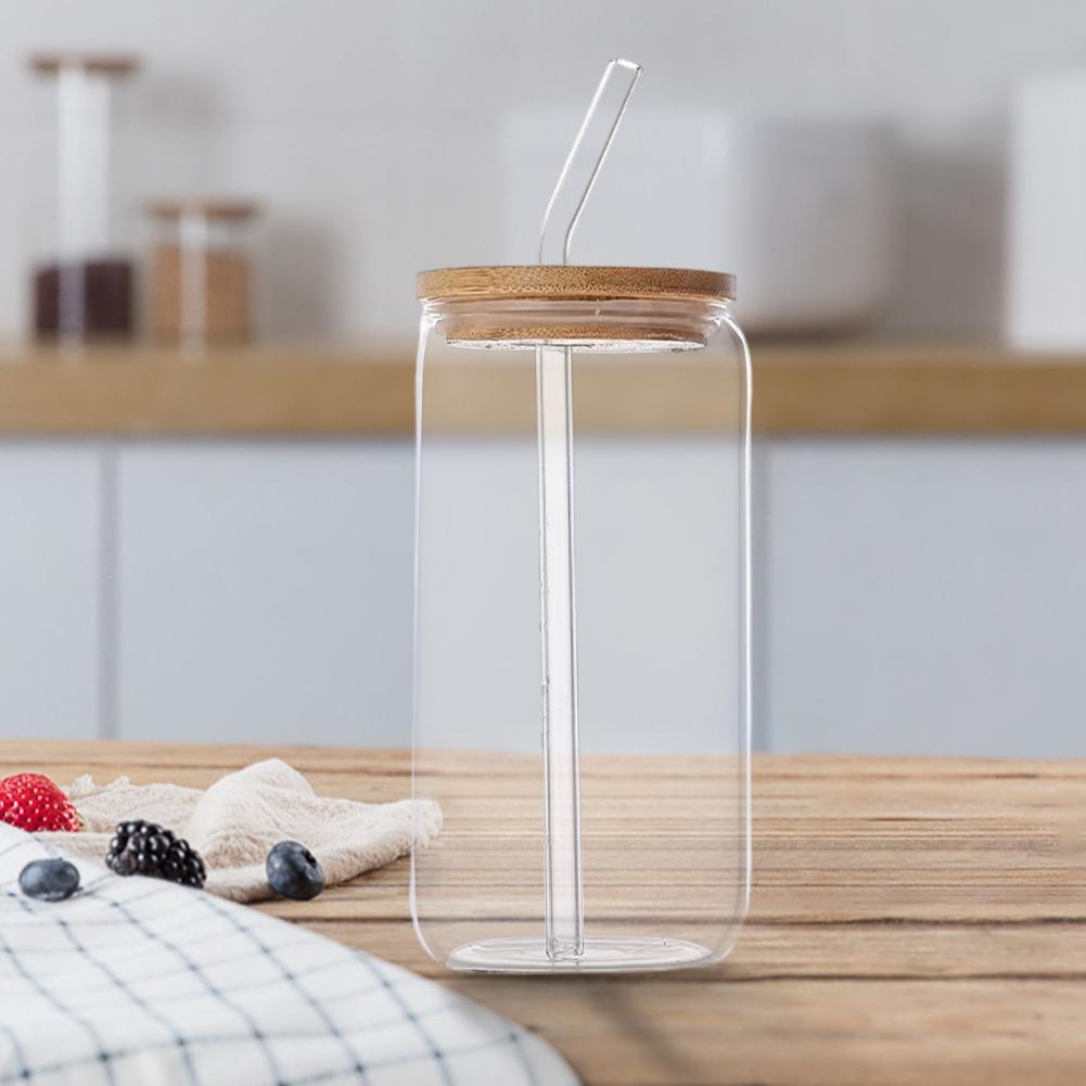 500ML/16oz Glass Cups with Lids and Straws Can Shaped Glass Cups Iced Coffee Cups Beverage Juice Cups for Cocktail Whiskey Gift
