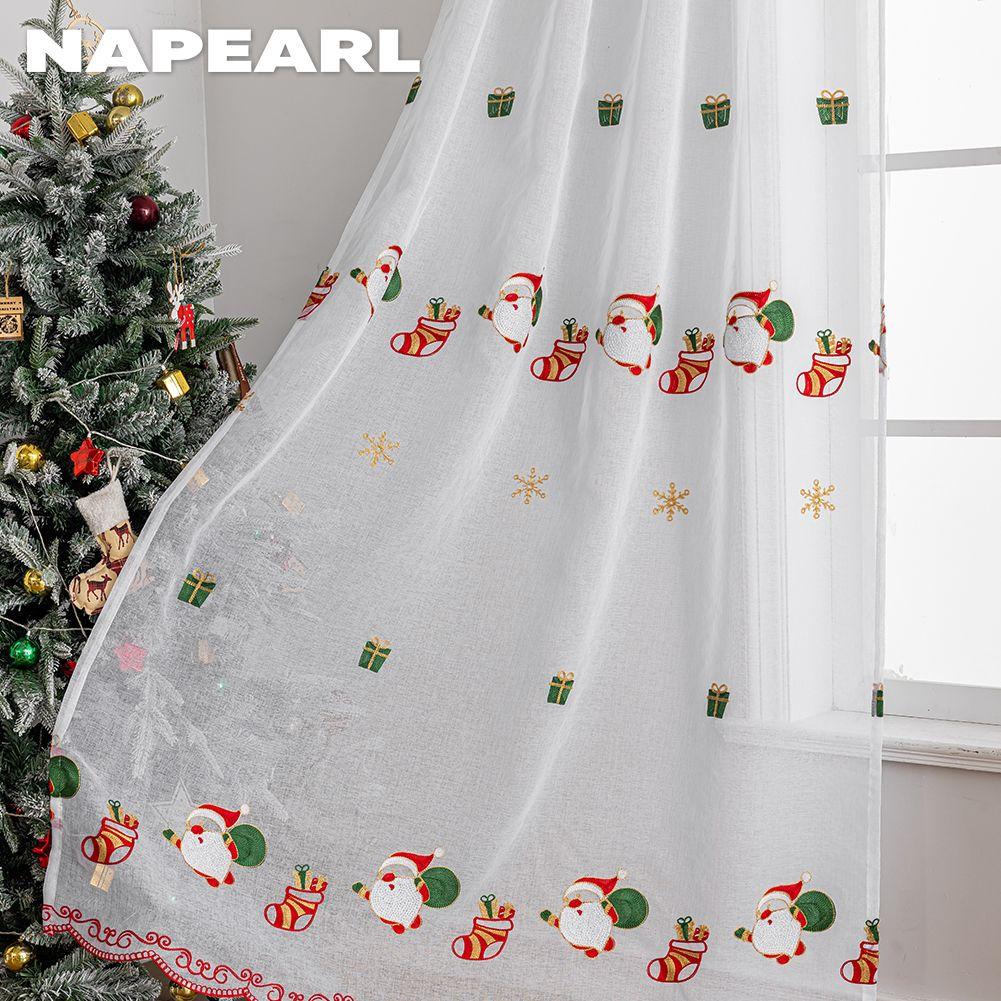 1PC NAPEARL Christmas Style Sheer Curtains Exquisite Santa Claus Pattern Embroidered Tulle for Living Room Bedroom Balcony Window Home Decor