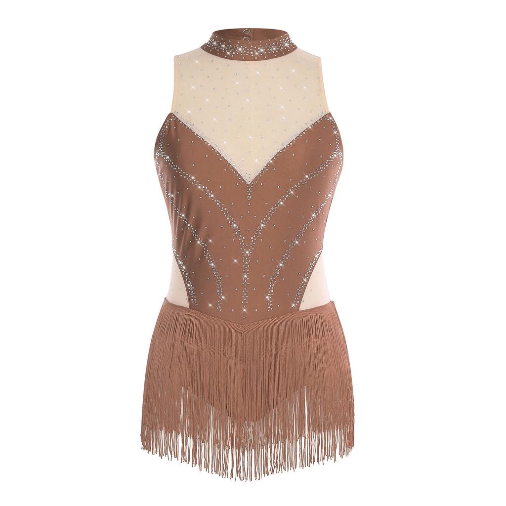 Damen Latein Eiskunstlauf Trikot Ärmellos Schlüssellochdesign am Rücken Quastenfransen Taille Glitzernder Body