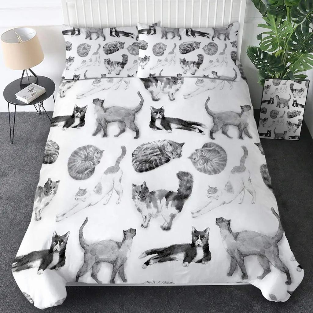 Black Cat Theme Duvet Cover Three-Piece Set Black And White Kitten Print Bedding Set Quilt Cover Pillowcase