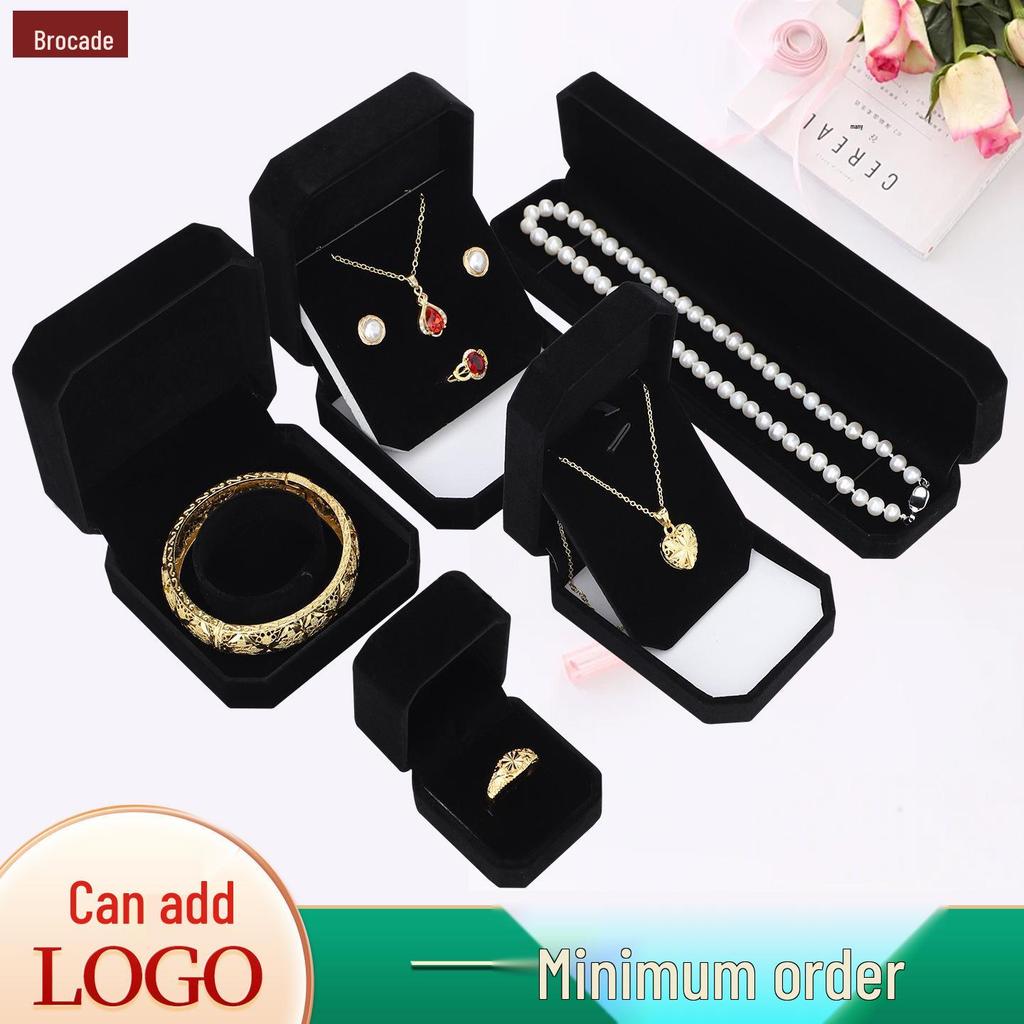 All Black Octagonal Velvet Jewelry Box for Rings, Pendants, and Bracelets Gift Set