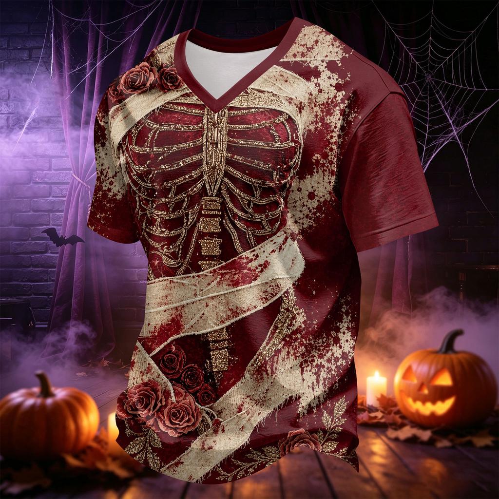 Men's V-Neck Halloween Print Casual T-Shirt for Holiday Party and Everyday Wear