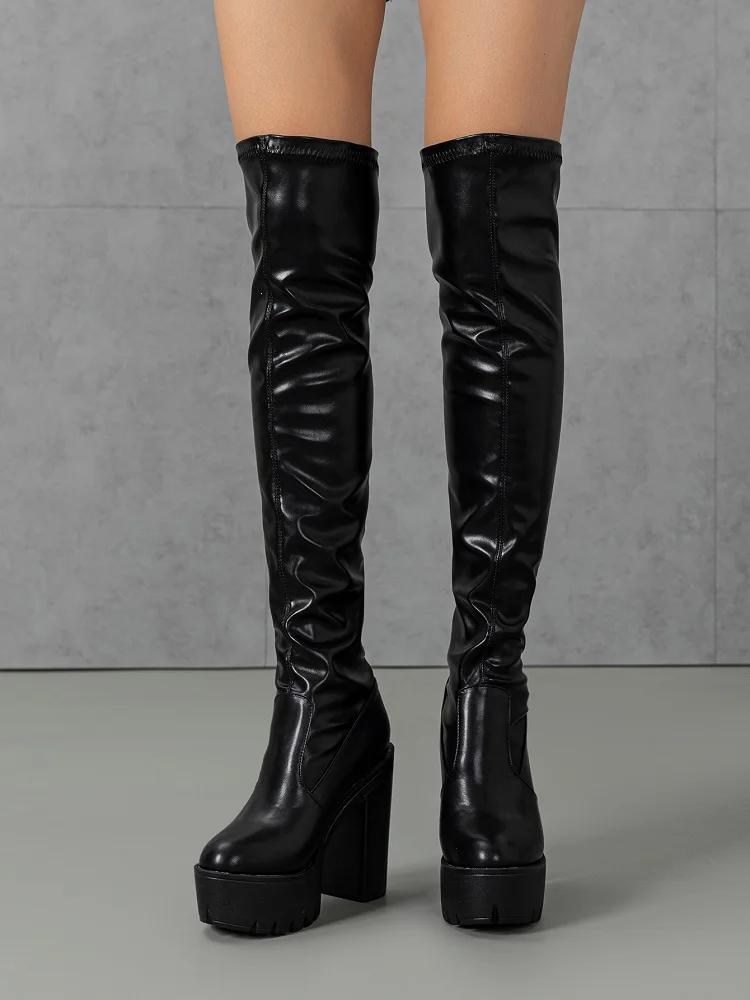 Fashion Eilyken Winter Soft Leather Women Over The Knee Boots Fashion Round Toe Square Platform Heels Shoes Sexy Long Booties