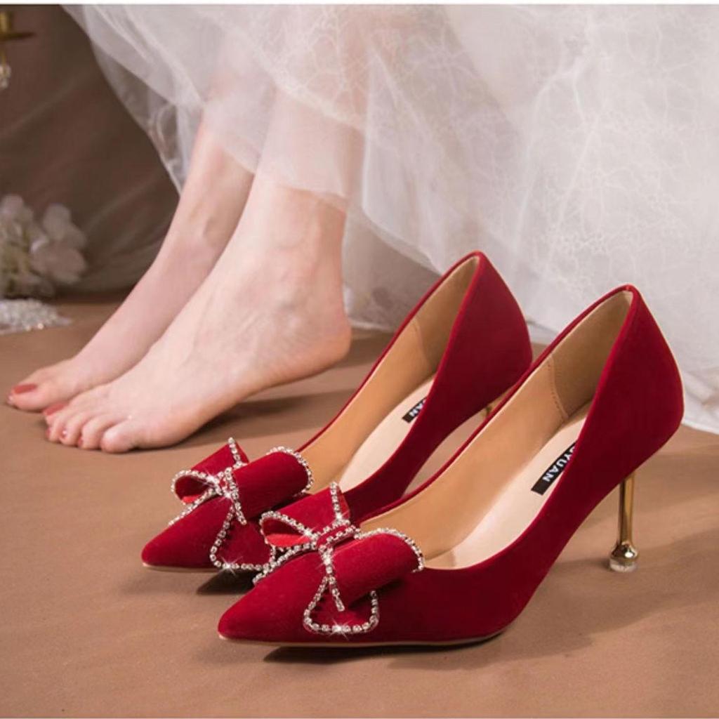 2025 Red Bridal High Heels: Autumn/Winter Women's Wedding Shoes, Chinese Style, Comfortable Xiu He Dress Shoes