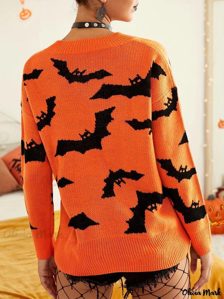 Women's Halloween Jacquard Sweater, Long Sleeve Knitted Top for Autumn/Winter