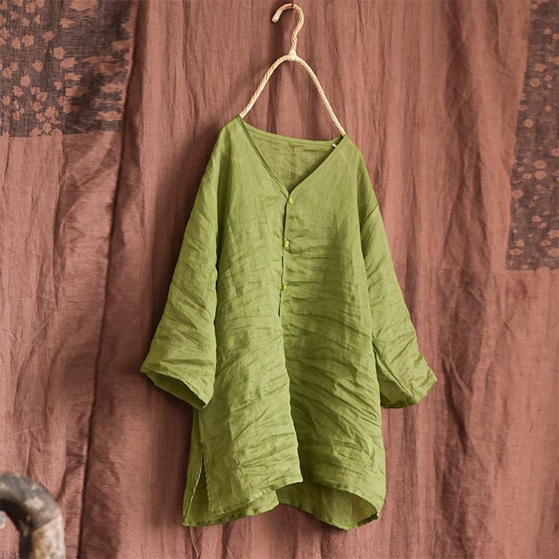 

Johnature женские винтажные рубашки в китайском стиле топы однотонные тонкие блузки летние рубашки на пуговицах с семью рукавами One Size зелёный