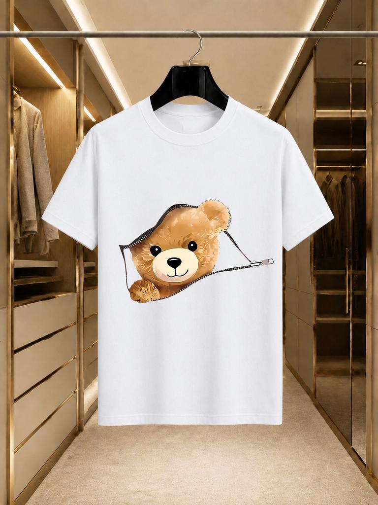 2026 New Arrival 100 Cotton Tshirt 3d Zipper Ripped Cute Teddy Bear Print Funny Cartoon Crew Neck Casual Short Sleeve