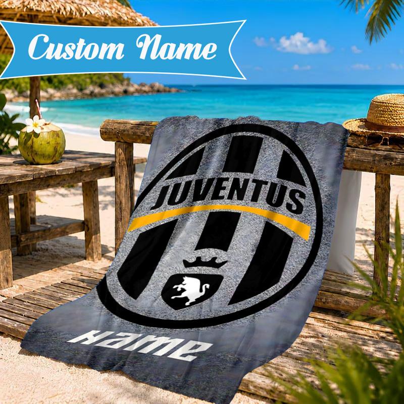 Custom Name Beach Towel Juventus Crest Microfiber Beach Towel, Lightweight for Summer Travel, Swimming Pool Fan Birthday Gift