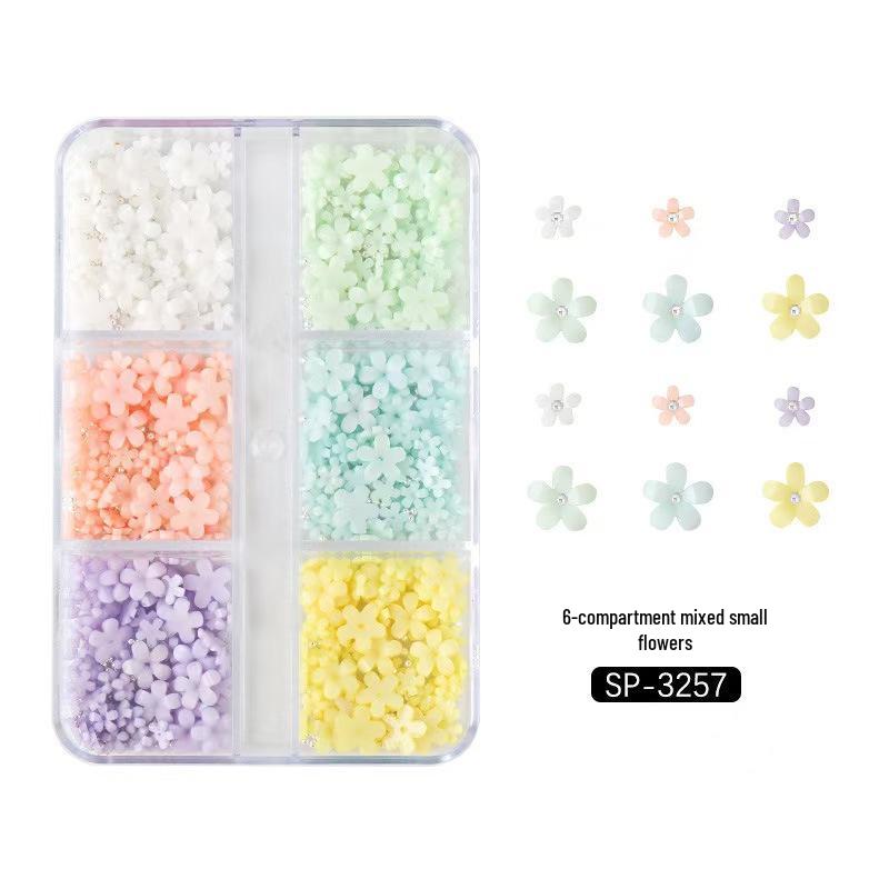 6-Grid Nail Art Set: Resin Mix, Pearls, Steel Beads, Macaron & Candy Color Flowers 3D Decor.