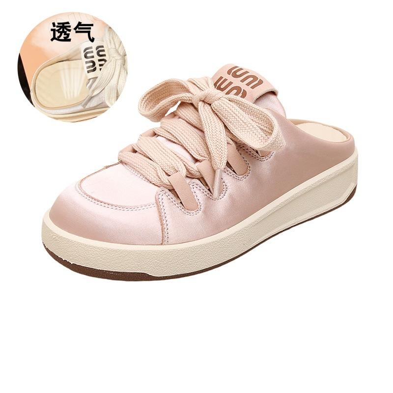 Spring and summer new satin bag head slippers wear versatile sports and leisure board shoes to increase the height of thick soles and pedal white