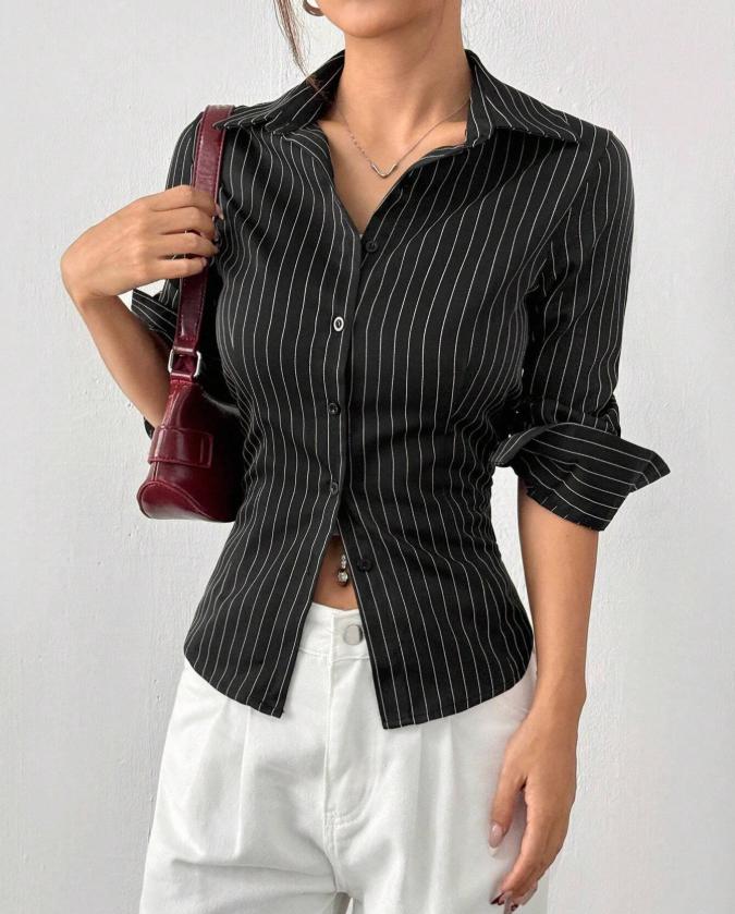 

Spring Women s Striped Slim Fit Cardigan Button Long Sleeved Shirt L чёрный