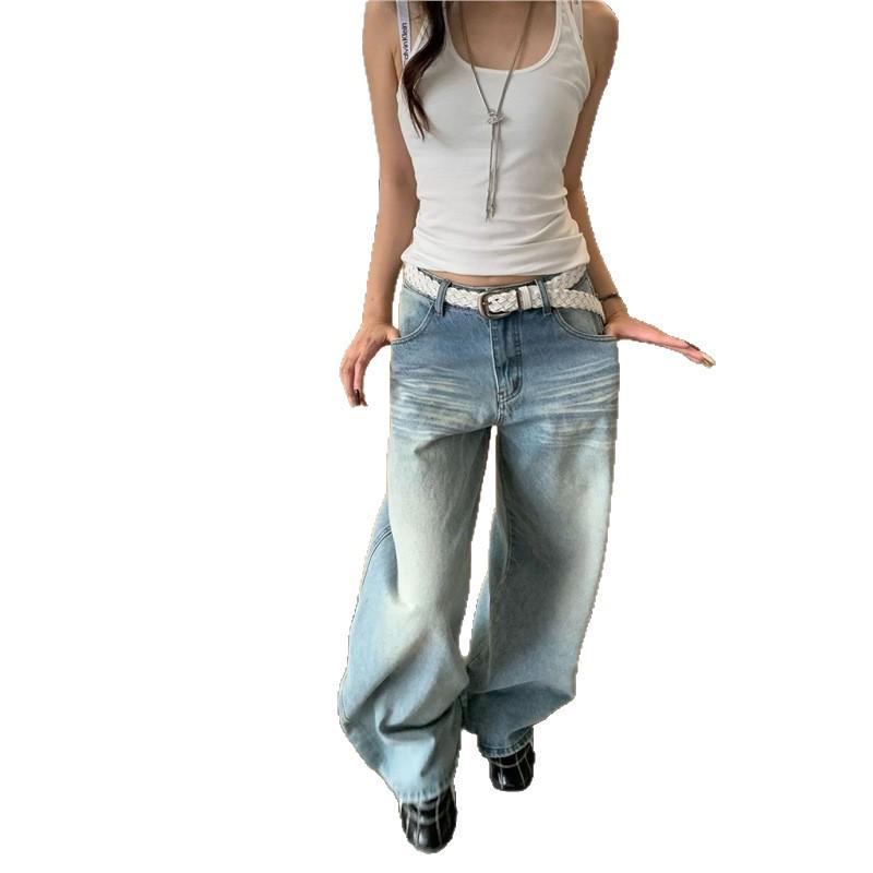 Women's Wide-Leg Embroidered Pocket Jeans - Loose, Slimming, Straight Fit, Floor-Length for Autumn
