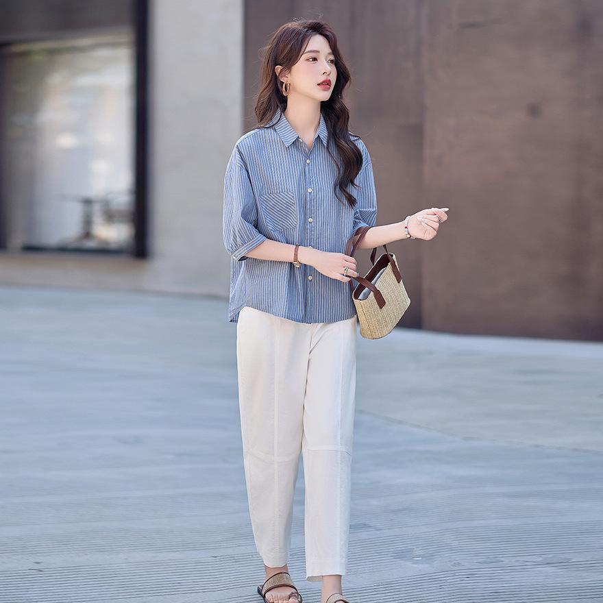 Blue striped medium-sleeved shirt, casual pants, women's suit, new loose age-reducing, thin and meat-covering fashion two-piece set