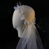 Bridal Veil with Boho Flower Crown One Layer Cut Edge Tulle Petite Beads Decorated Loop Short Veils for Flower Girls