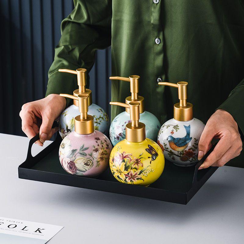 American Painted Flower Ceramic Lotion Bottle Gold Press Soap Dispenser Household Shampoo Water Bottling Bathroom Accessories