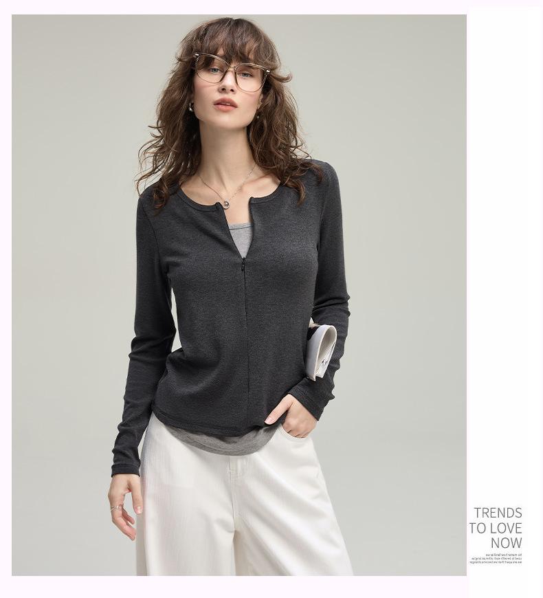 Women's Half-Zip Two-Piece Design Long-Sleeve T-Shirt – Autumn 2025 Collection, Soft & Slim Fit