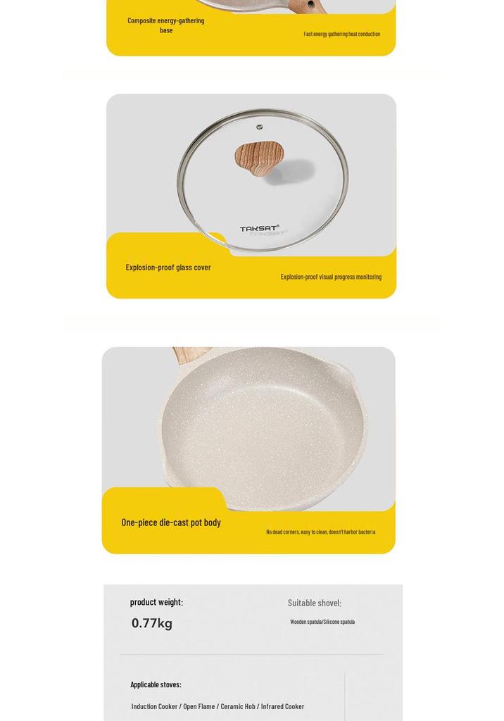 Maifan Stone Non-Stick Shallow Frying Pan, Flat-Bottomed, Oil-Free, Die-Cast, Multi-Stove Compatible for Household Use.
