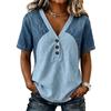 Top da Donna Scollo a V Manica Corta Patchwork di Denim Vestibilità Larga T-shirt Casual Dettaglio Bottoni Camicetta Estiva