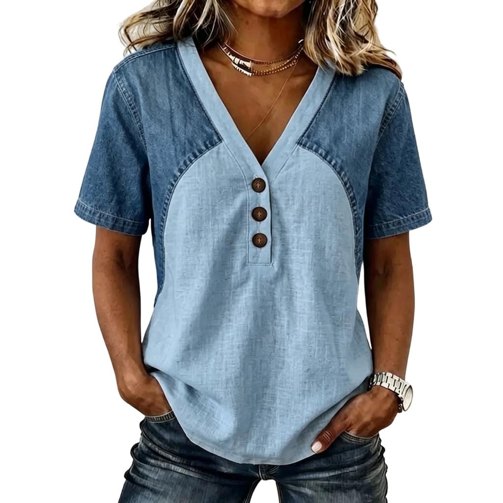 Top da Donna Scollo a V Manica Corta Patchwork di Denim Vestibilità Larga T-shirt Casual Dettaglio Bottoni Camicetta Estiva