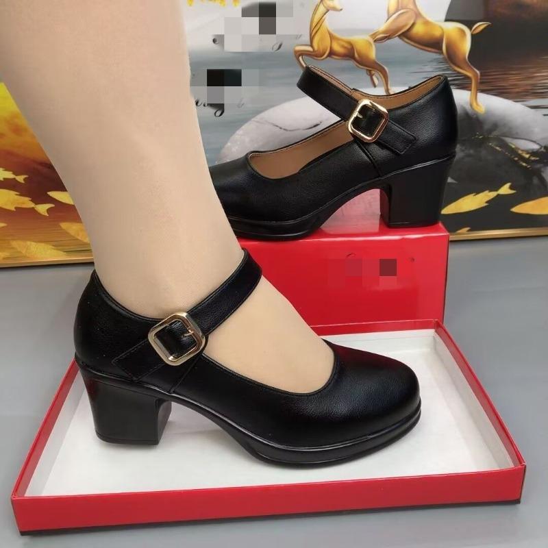 

Туфли Мэри Джейн с круглым носком и толстым каблуком, с неглубоким вырезом, осенние новые туфли на среднем каблуке с мягкой подошвой, женские повседневные универсальные туфли для мамы 40 чёрный