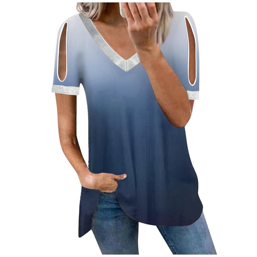 Women's Summer Loose T-shirt Gradient Color Printed Casual V-neck Sequin Short-sleeved Top