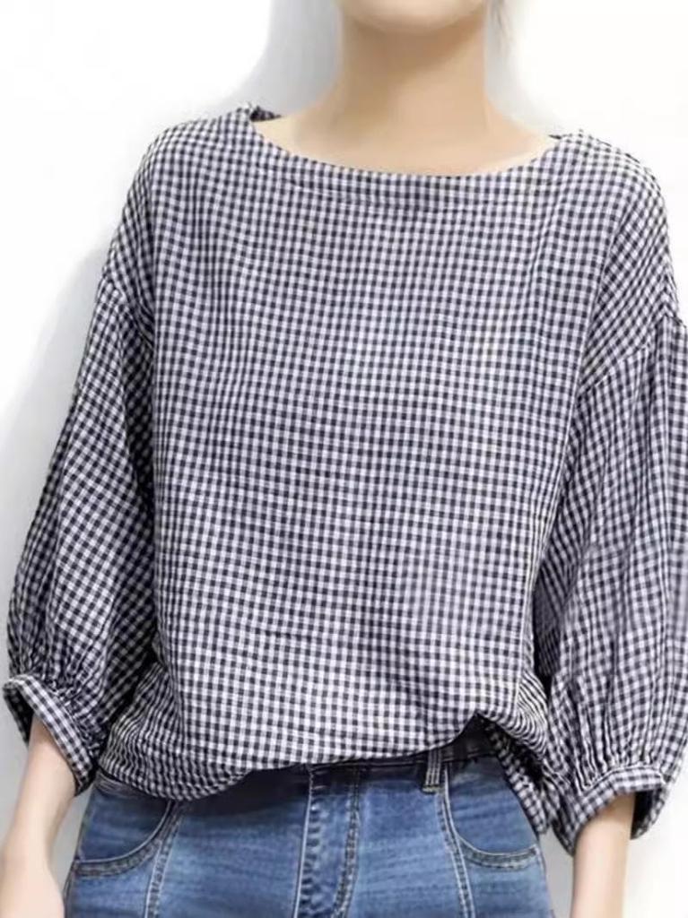 Women's Casual Plaid Seven-Sleeve Pullover Shirt