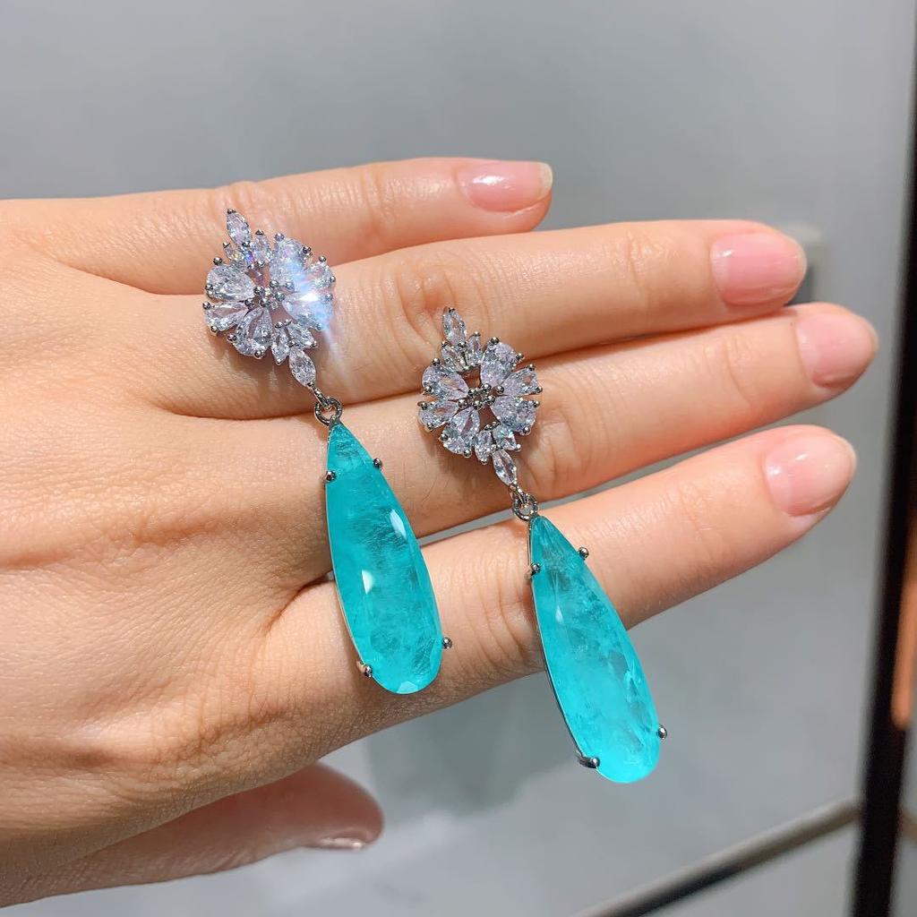 Jewelry Retro Imitation Paraiba Big Earrings Evening Water Drop Main Stone 10 * 30 Stud Earrings