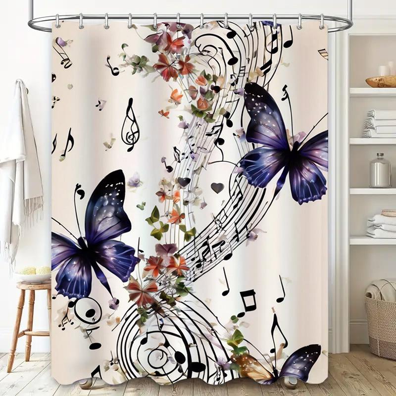 Modern Flower Music Note Shower Curtain for Bathroom Decor Black Butterfly Design, Waterproof Fabric, Perfect Gift Idea (White)