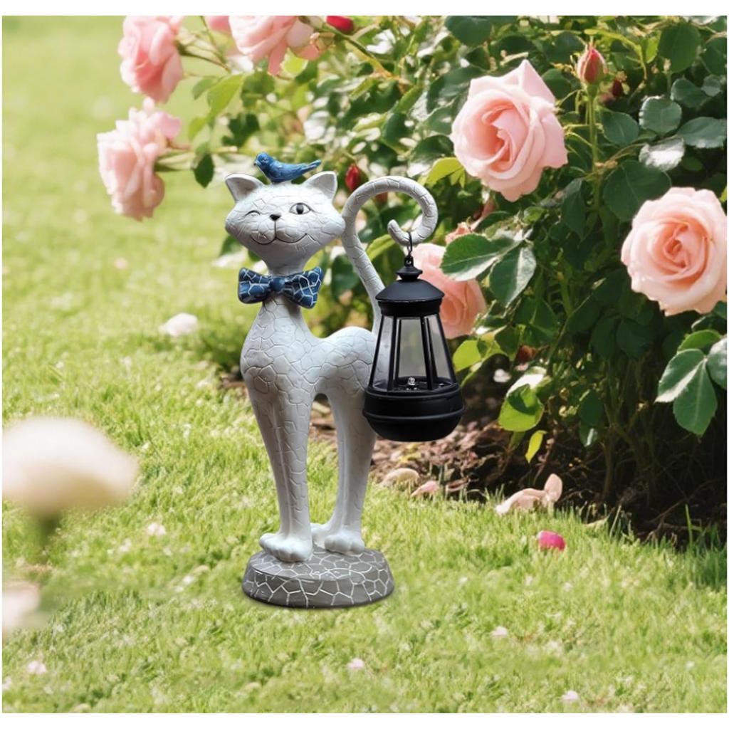 Solární Kočka, Roztomilá Figurka | Vodotěsné Pryskyřičné Ozdoby pro Dekoraci Zahrady, Verandy, Terasy, Zahrádky, Balkonu