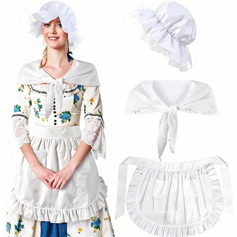 Japanese Cute Apron Pilgrim Maid Performance Costume, Hat + Shawl + Apron