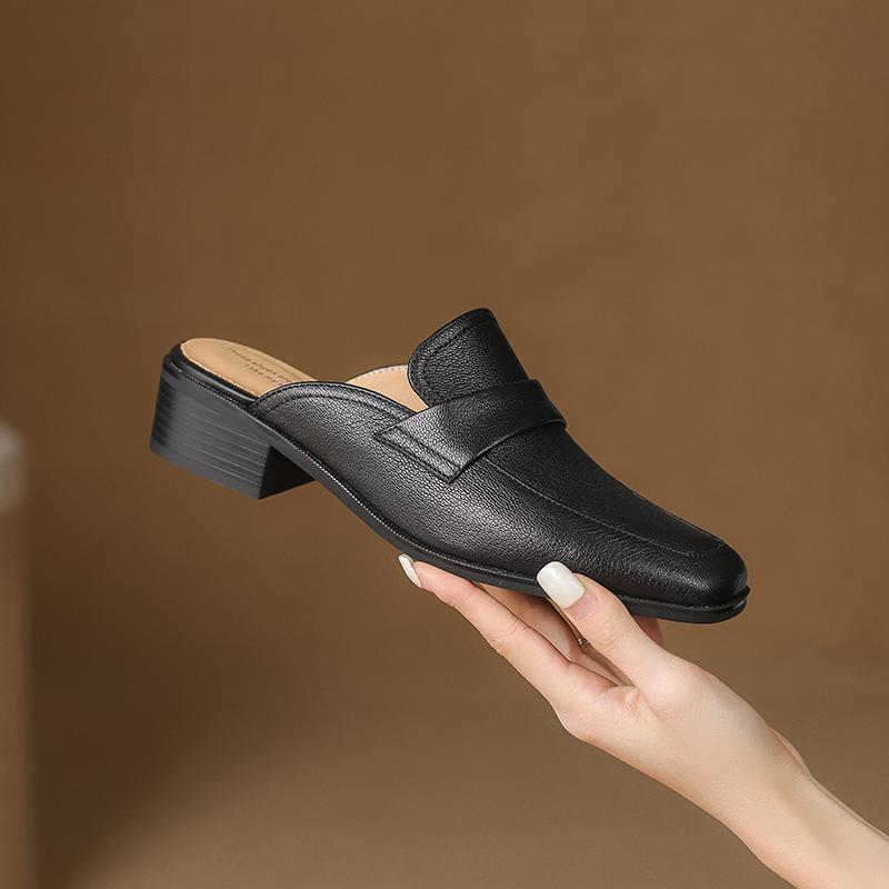 Fashion 2025 Summer Covered Toe Genuine Leather Slippers Women Thick Heels Casual Mules Summer Daily Walk Sheepskin Leather Slippers