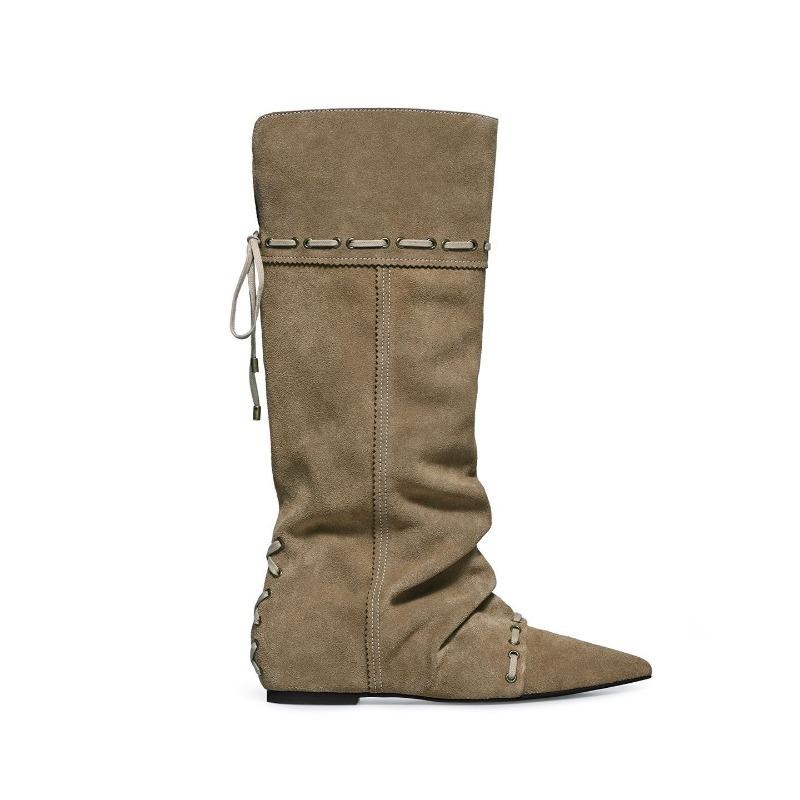 Folded Pointed Short Boots Women's Flat Bottom Straps Autumn and Winter New Retro Niche Maillard Western Cowboy Boots