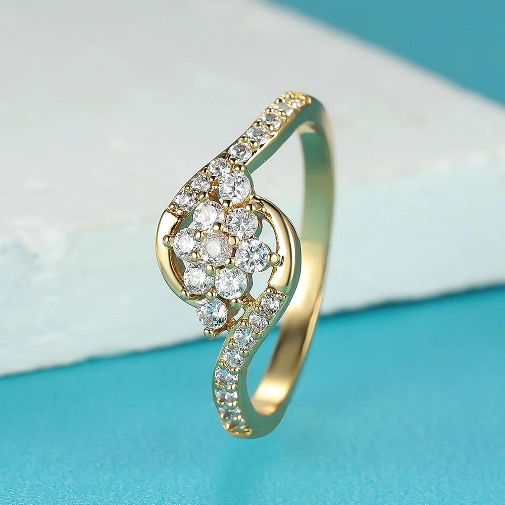 Inele de flori de culoare aurie pentru femei, inel de logodnă cu fulgi de nea, zircon alb, bijuterii de petrecere